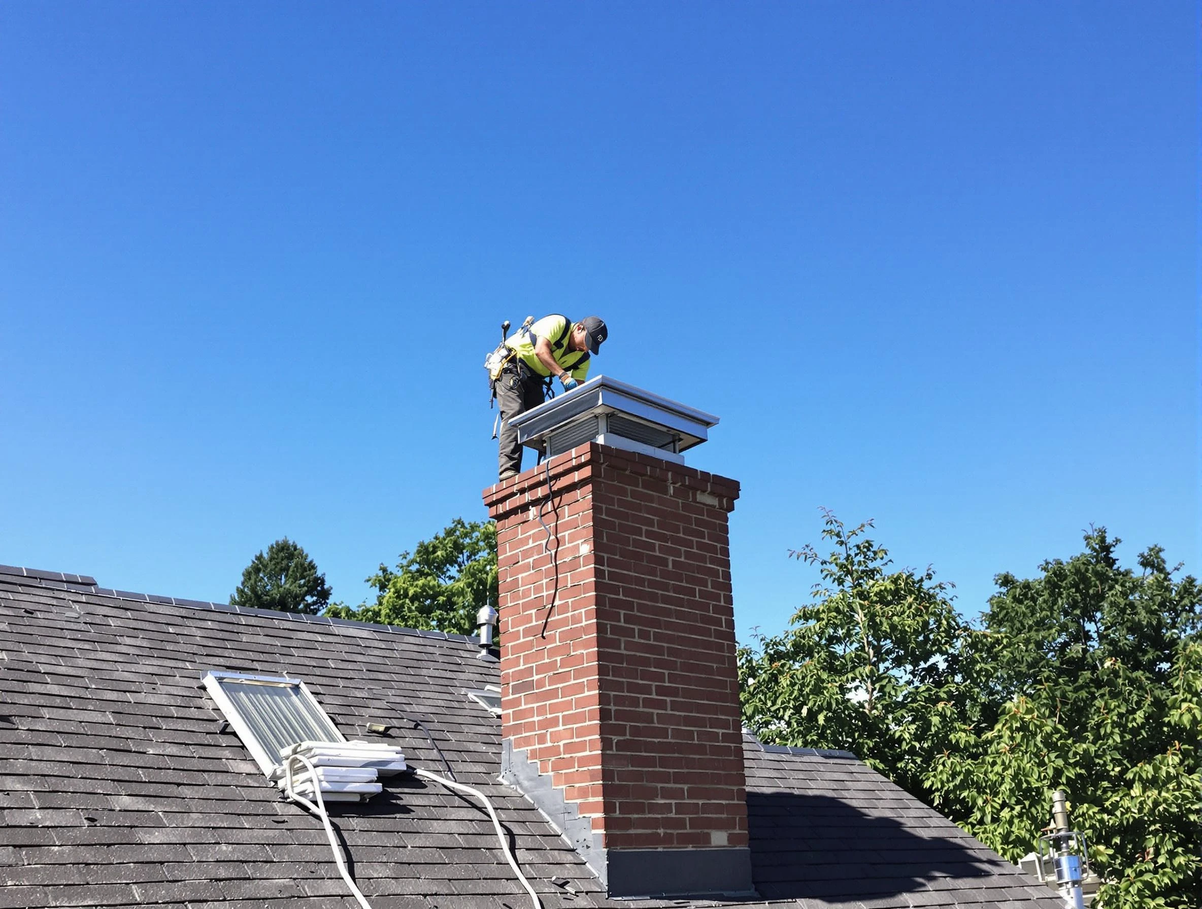 South Plainfield Chimney Sweep technician measuring a chimney cap in South Plainfield, NJ